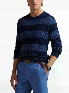 RALPH LAUREN Classics Striped Cable Knit Wool Pullover Sweater Men’s Small FLAW